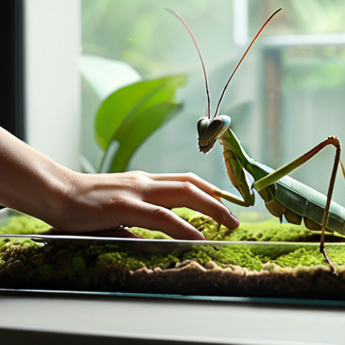 Home 13 **Image Prompt 1: The Unexpected Joy of Insect Companionship**
A close-up, serene shot of a person's hands gently resting near a modern glass terrarium. Inside, a calm, vibrant Mantis or Stick Insect is clearly visible, observed with a thoughtful, peaceful expression. The background is a softly blurred, minimalist urban apartment interior, conveying a sense of personal sanctuary and the quiet joy of connecting with nature indoors. Emphasize tranquility and subtle wonder.