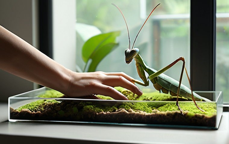 **Image Prompt 1: The Unexpected Joy of Insect Companionship**
A close-up, serene shot of a person's hands gently resting near a modern glass terrarium. Inside, a calm, vibrant Mantis or Stick Insect is clearly visible, observed with a thoughtful, peaceful expression. The background is a softly blurred, minimalist urban apartment interior, conveying a sense of personal sanctuary and the quiet joy of connecting with nature indoors. Emphasize tranquility and subtle wonder.