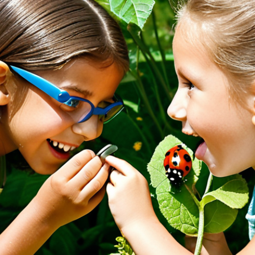 Home 24 A vibrant outdoor scene of diverse children, aged 6-10, engaged in an interactive nature program. They are gently observing insects with magnifying glasses in a lush garden or field. Focus on close-up shots of children's curious and joyful expressions as they look at a Ladybug beetle on a leaf or a butterfly on a flower. The atmosphere is filled with wonder, discovery, and a positive connection with nature under soft, natural sunlight, emphasizing hands-on learning and environmental awareness.
