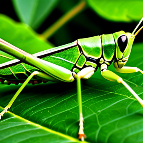 Home 9 ** A green grasshopper fully clothed, camouflaged on a vibrant green leaf in a lush garden, safe for work, appropriate content, perfect anatomy, natural proportions, professional, modest clothing, family-friendly.
**