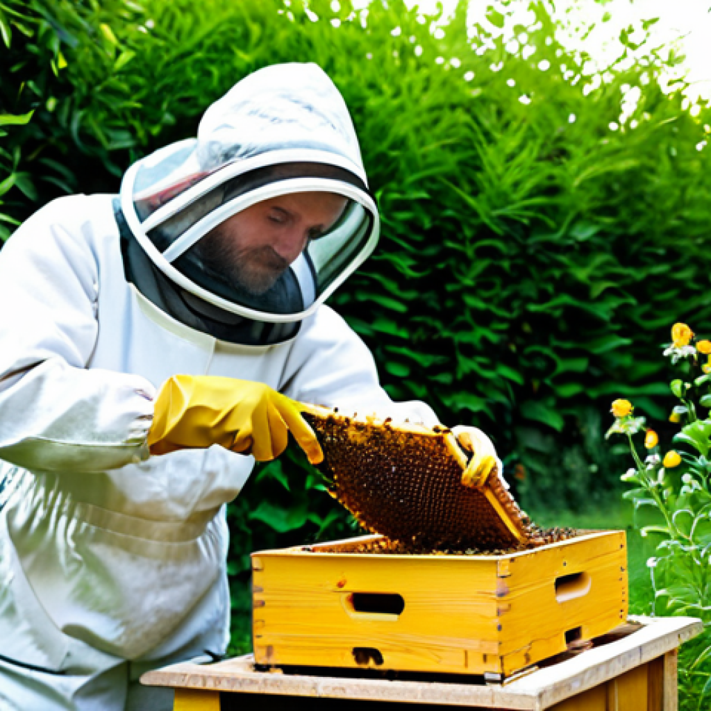 곤충 사육 온습도 관리 - **

"A beekeeper in appropriate attire, tending to a beehive in a lush garden, fully clothed, safe f...