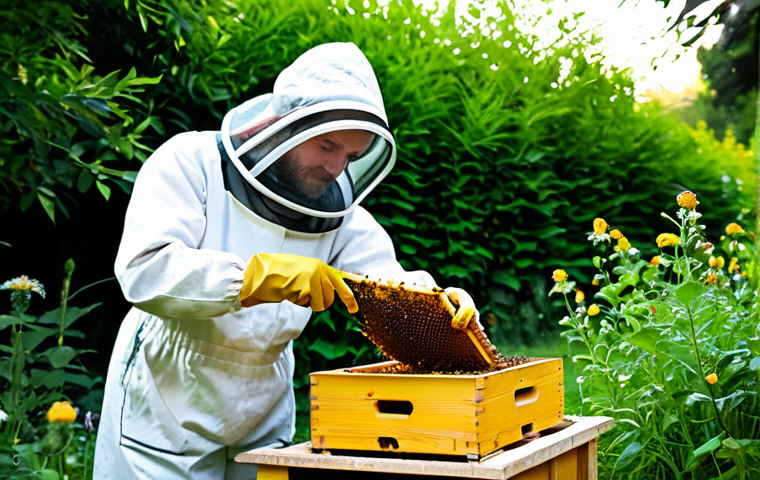 곤충 사육 온습도 관리 - **

"A beekeeper in appropriate attire, tending to a beehive in a lush garden, fully clothed, safe f...
