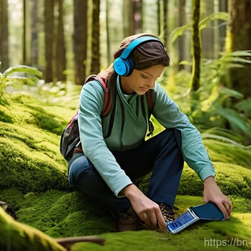 곤충 소리 녹음 방법 - **Prompt:** A serene, sun-dappled forest scene where an adult individual, dressed in practical, long...