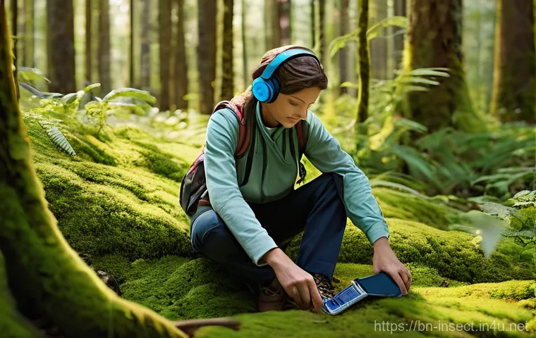 곤충 소리 녹음 방법 - **Prompt:** A serene, sun-dappled forest scene where an adult individual, dressed in practical, long...