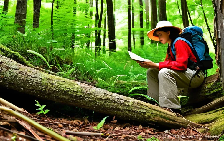 곤충 탐사 장비 추천 - **Prompt: "An immersive, eye-level macro photograph capturing a seasoned nature photographer activel...