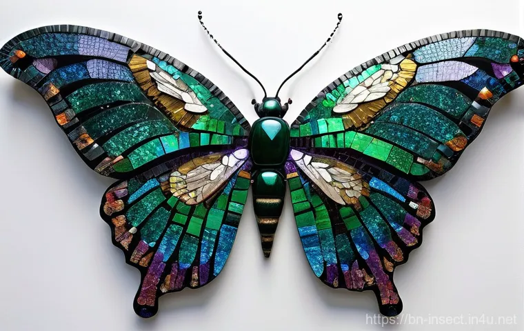 곤충을 주제로 한 예술 작품 - **Prompt Title: "Emerald Kaleidoscope: A Beetle Wing Mosaic"**
    A breathtaking, large-scale mosai...