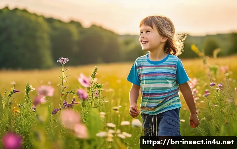 곤충 표본 도구 세트 - **Prompt:** A curious and joyful child, around 10 years old, wearing comfortable, modest outdoor clo...