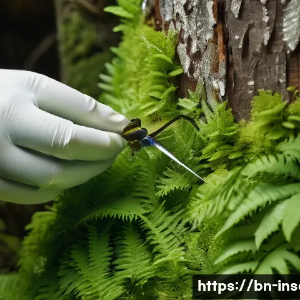 곤충 알 채집 기술 - A detailed close-up of a natural forest habitat focusing on insect eggs carefully attached to the un...