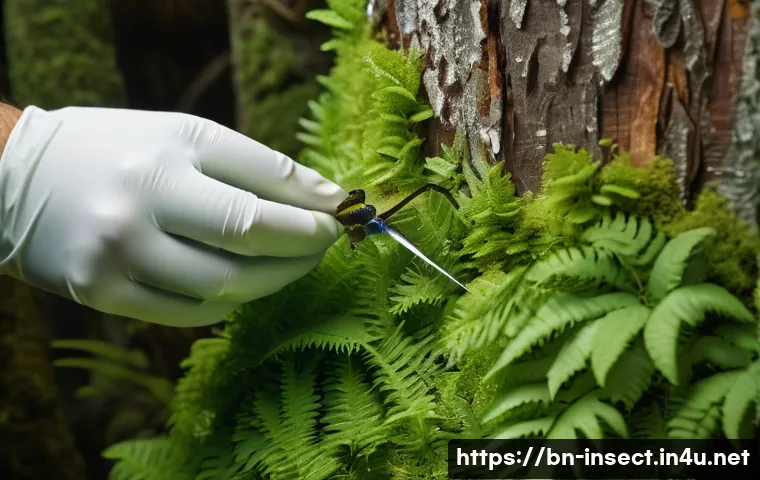 곤충 알 채집 기술 - A detailed close-up of a natural forest habitat focusing on insect eggs carefully attached to the un...
