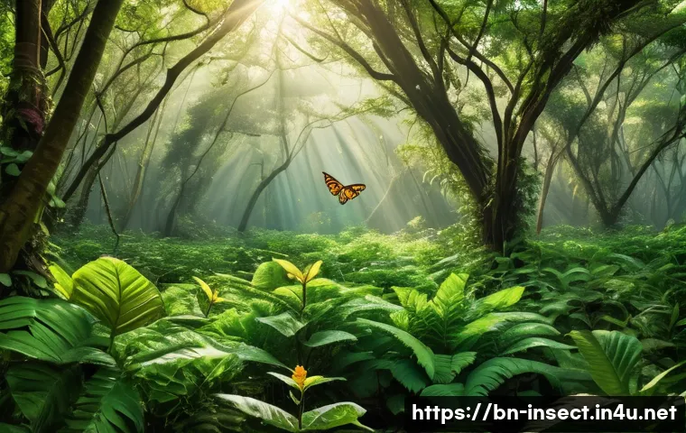 곤충 멸종 원인 분석 - A vibrant tropical forest scene in Bangladesh during spring, showing a diverse array of colorful but...