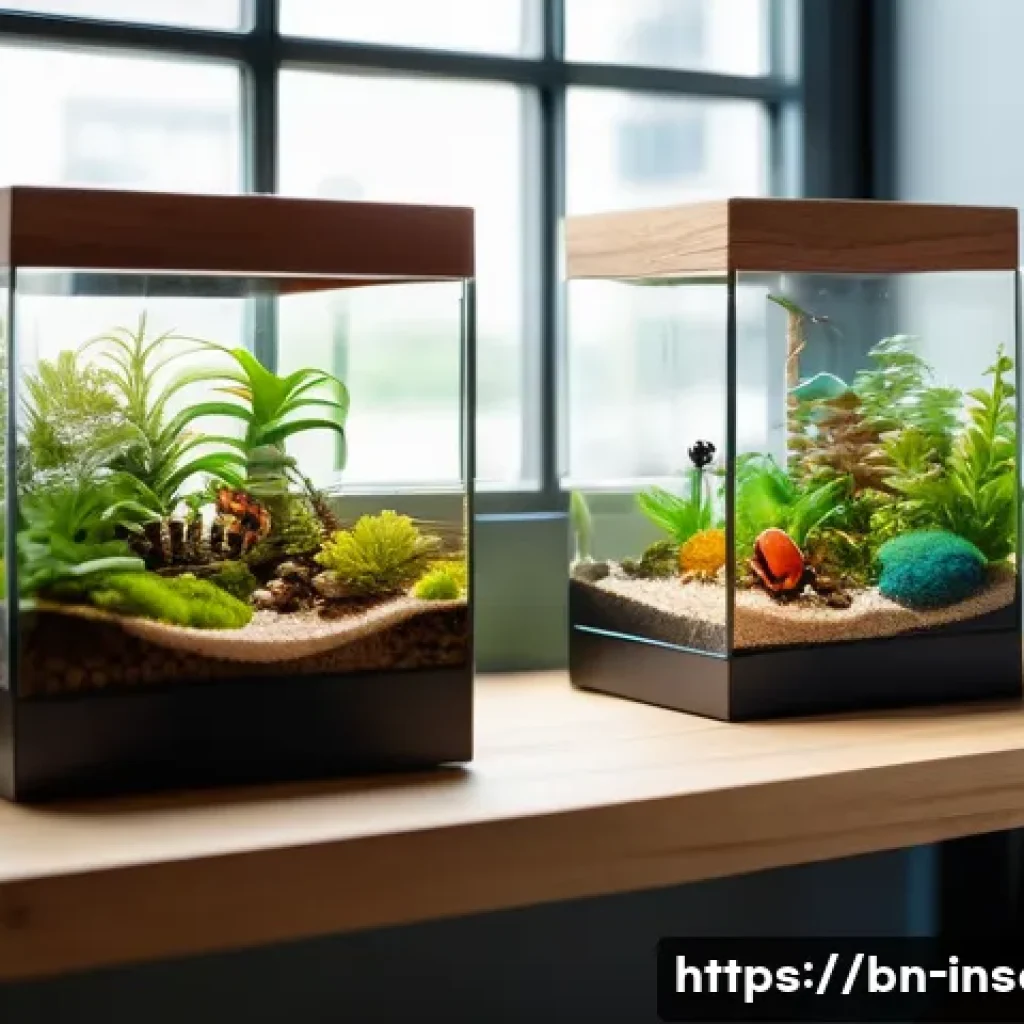 곤충 애완 시장 분석 - A cozy urban apartment corner featuring a small desktop terrarium with vibrant bubble beetles inside...