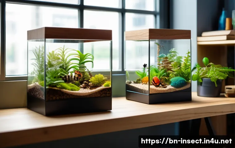 곤충 애완 시장 분석 - A cozy urban apartment corner featuring a small desktop terrarium with vibrant bubble beetles inside...