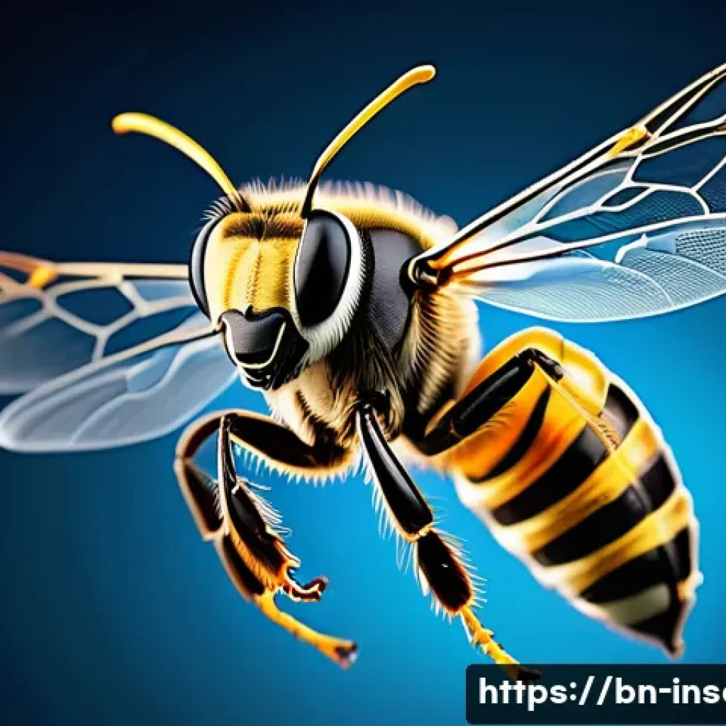 곤충의 비행 원리 분석 - A detailed close-up illustration of a honeybee in mid-flight, showcasing its translucent wings with ...
