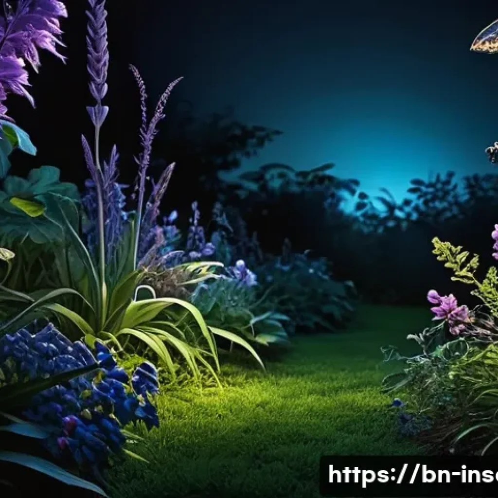 곤충과 조명 조건 관계 - A detailed garden scene at night illuminated by soft blue and violet artificial lights, attracting n...