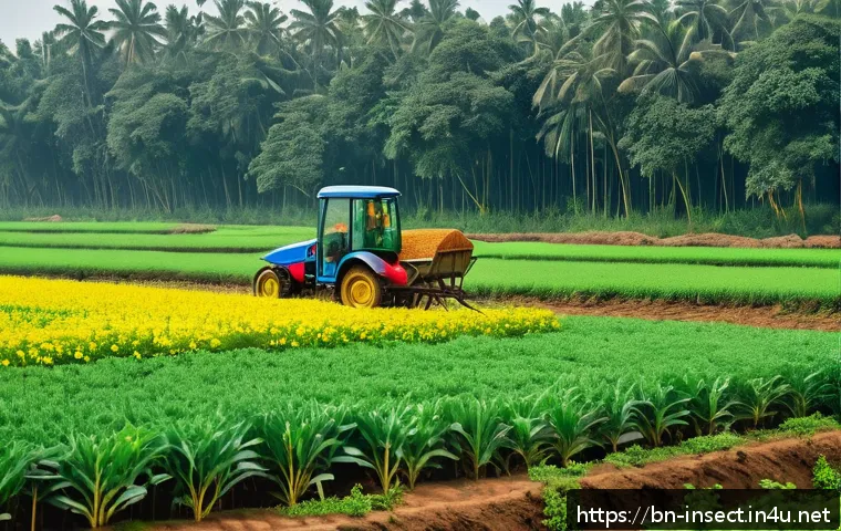곤충과 농업 발전 - A vibrant rural agricultural field in Bangladesh during daytime, showcasing a healthy crop farm with...