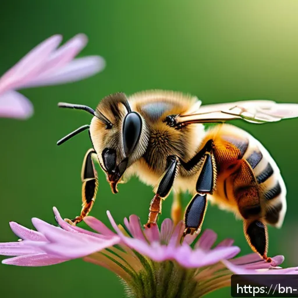 곤충 독 특징 및 활용법 - A highly detailed scientific illustration of a honeybee (Apis mellifera) in a natural environment, s...