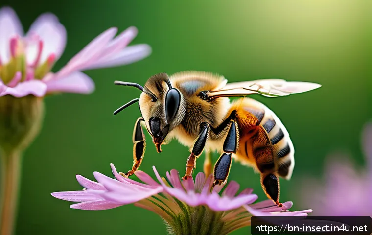 곤충 독 특징 및 활용법 - A highly detailed scientific illustration of a honeybee (Apis mellifera) in a natural environment, s...