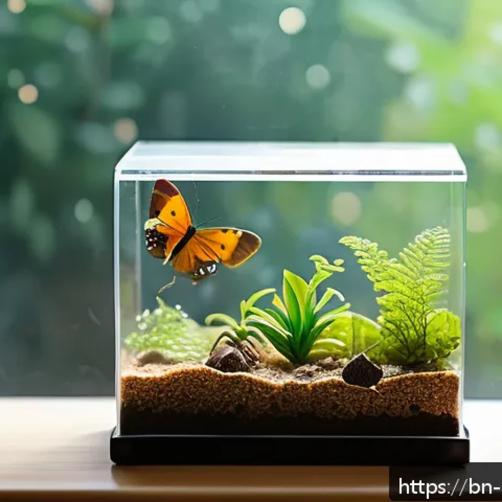 곤충 사육장 제작 가이드 - A bright and airy insect terrarium set beside a window with soft morning and afternoon light filteri...
