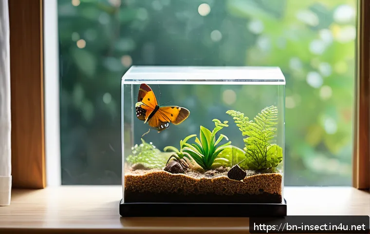 곤충 사육장 제작 가이드 - A bright and airy insect terrarium set beside a window with soft morning and afternoon light filteri...